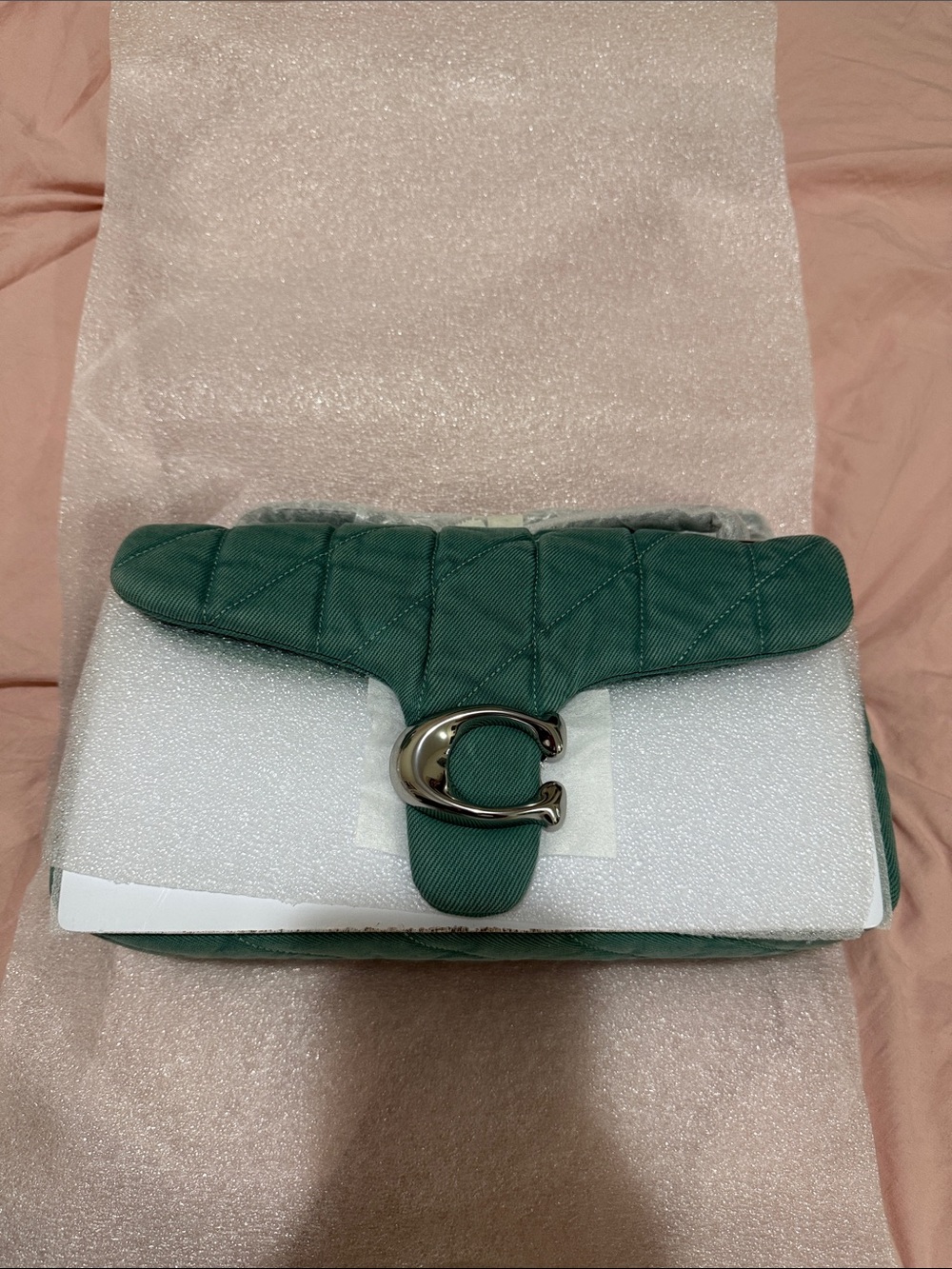 Coach Quilted Denim Shoulder Bag 26 in Teal with Silver Chain